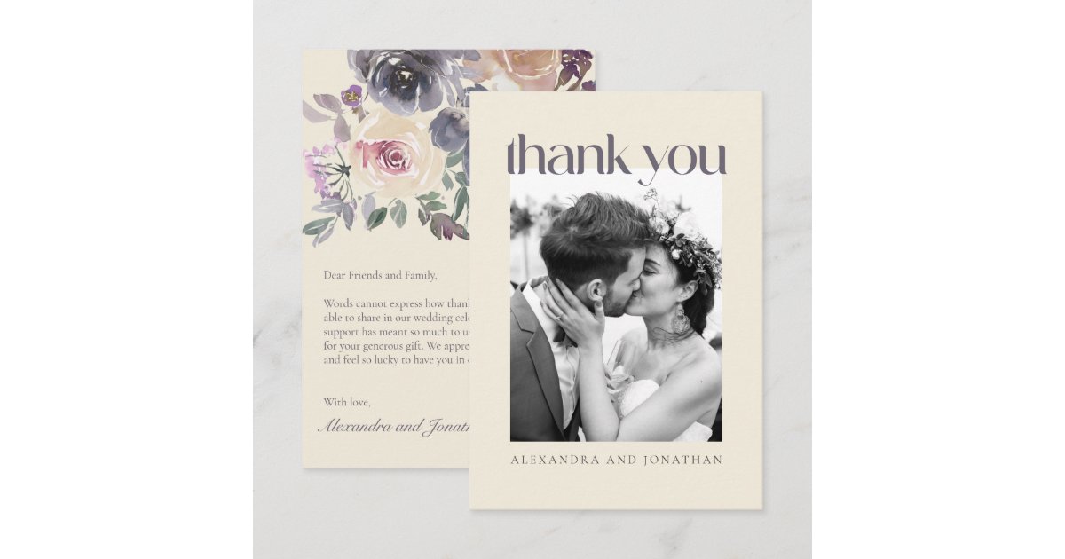Modern Purple Floral Watercolor Wedding Photo Thank You Card | Zazzle