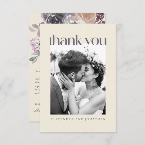 Modern Purple Floral Watercolor Wedding Photo Thank You Card