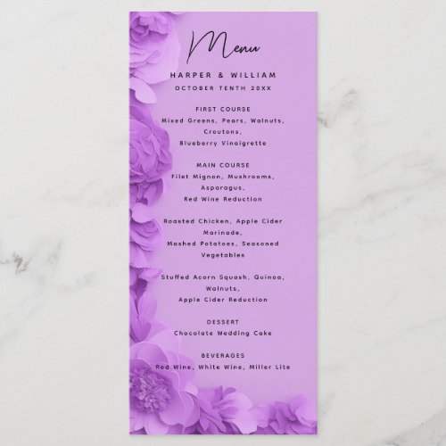 Modern purple floral wedding menu