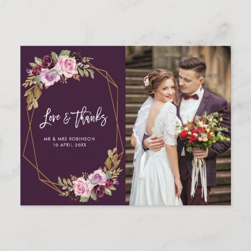 modern purple floral wedding thank you photo card