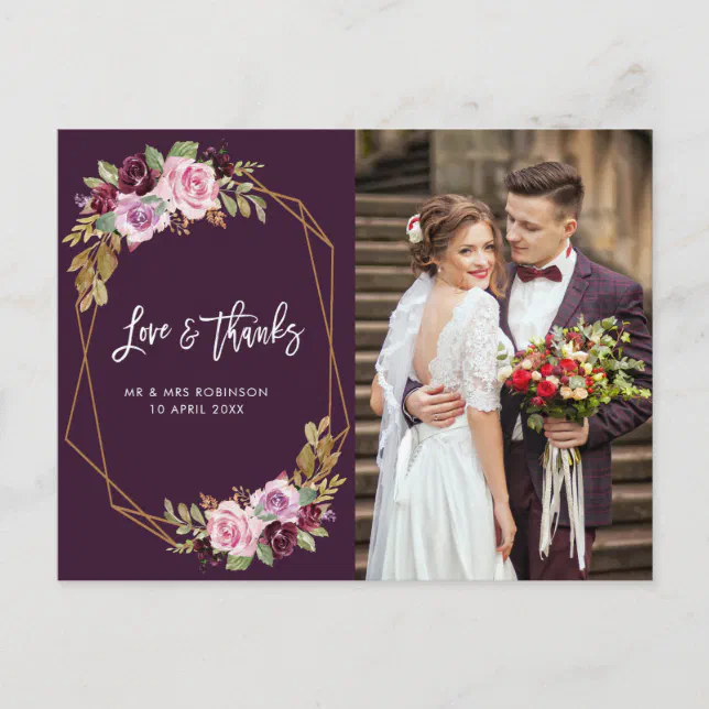 modern purple floral wedding thank you photo card | Zazzle