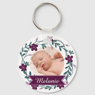 Modern Purple Floral Wreath Baby Photo Keepsake Keychain