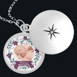 Modern Purple Floral Wreath Baby Photo Keepsake Locket Necklace<br><div class="desc">Decorative modern floral wreath frames your own photo upload to create a pretty baby keepsake personalised with baby's name.</div>