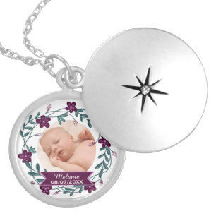 Modern Purple Floral Wreath Baby Photo Keepsake Locket Necklace