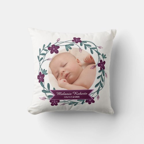 Modern Purple Floral Wreath Baby Photo Keepsake Throw Pillow