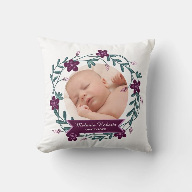 Modern Purple Floral Wreath Baby Photo Keepsake Throw Pillow (Front)