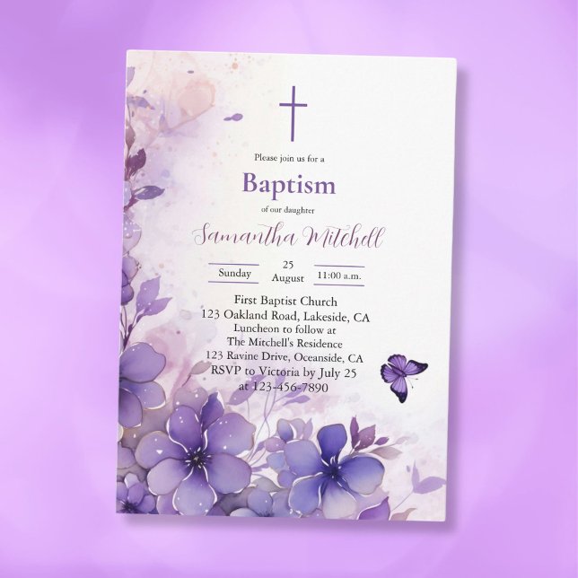 Modern Purple Flower Baptism Invitation (Creator Uploaded)
