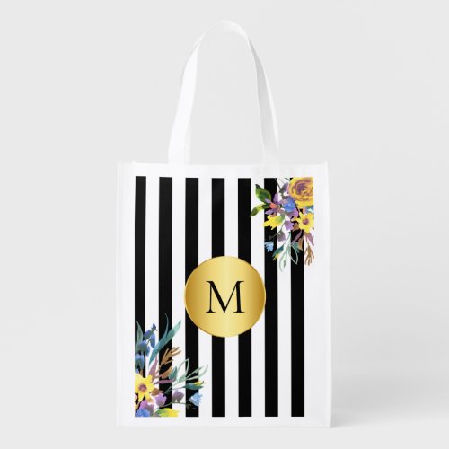 Modern Purple Flower Black White Gold Bridesmaid Grocery Bag