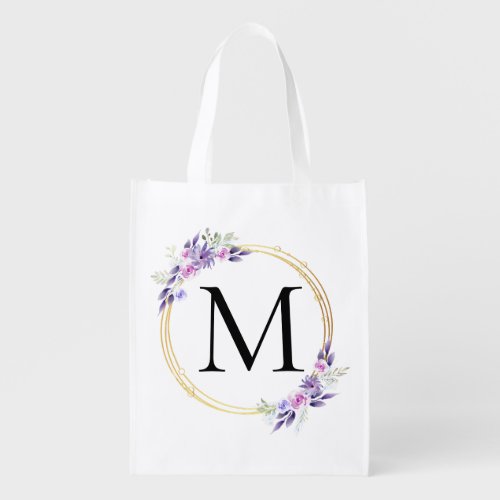 Modern Purple Flower Initial Bridesmaid Wedding Grocery Bag