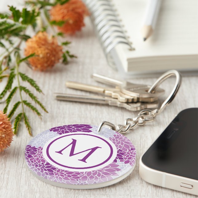 Modern Purple Flower Pattern Monogram Keychain (Front Right)