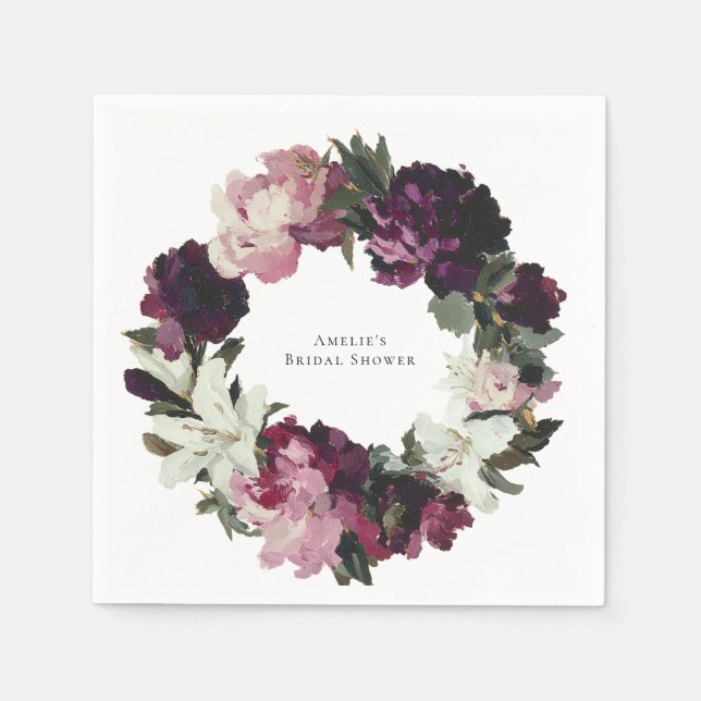 Modern Purple Flower Wreath Bridal Shower Napkins (Front)