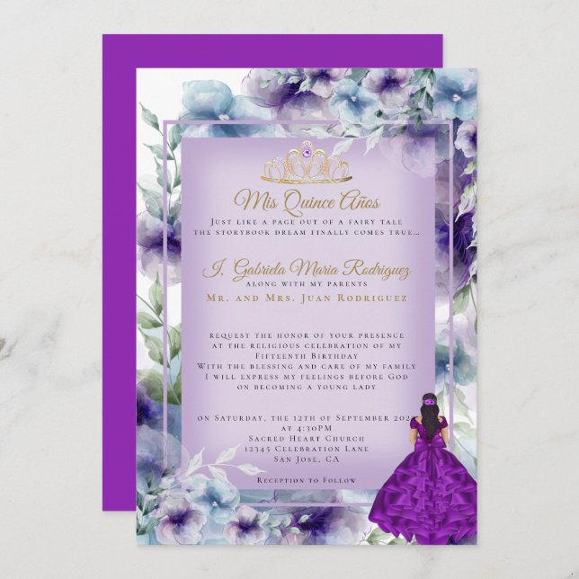 Modern Purple Flowers Quinceañera Invitation (Front/Back)
