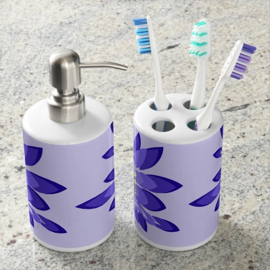 Modern Purple Flowers Soap Dispenser And Toothbrush Holder (Front)
