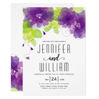 Modern purple flowers, typography floral wedding invitation