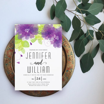 Modern Purple Flowers  Typography Floral Wedding Invitation by weddings_ at Zazzle
