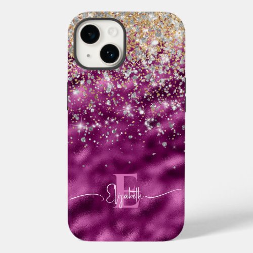 Modern Purple Foil Gold Faux Glitter Monogram  Case_Mate iPhone 14 Case