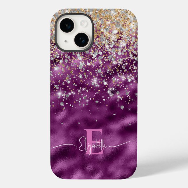 Modern Purple Foil Gold Faux Glitter Monogram  Case-Mate iPhone Case (Back)
