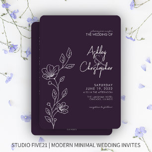 Modern Purple Foliage Outline All-in-One Wedding Invitation