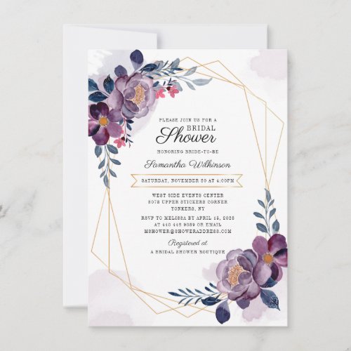 Modern Purple Geometric Blush Floral Bridal Shower Invitation