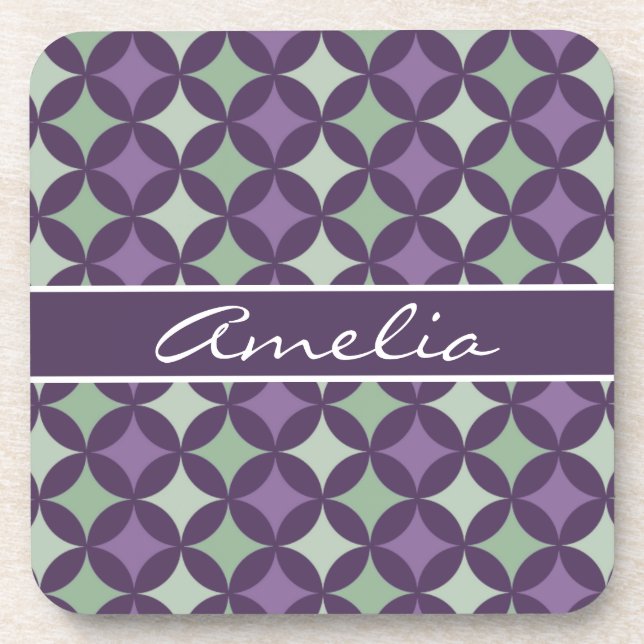 Modern Purple Geometric Circle Pattern Monogram Drink Coaster (Front)