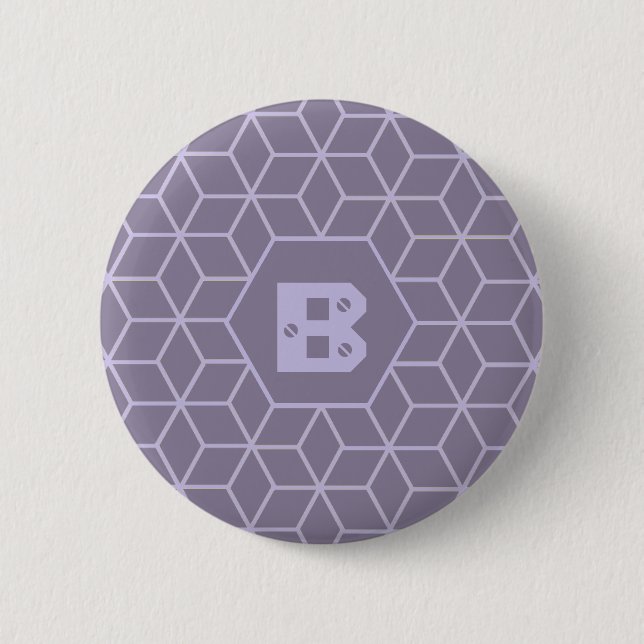 Modern Purple Geometric Cubes Pattern Monogram Button (Front)