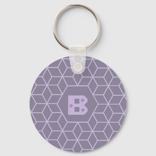 Modern Purple Geometric Cubes Pattern Monogram Keychain