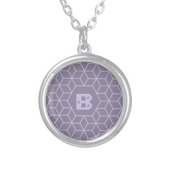 Modern Purple Geometric Cubes Pattern Monogram Silver Plated Necklace by LouiseBDesigns at Zazzle