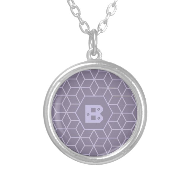 Modern Purple Geometric Cubes Pattern Monogram Silver Plated Necklace (Front)