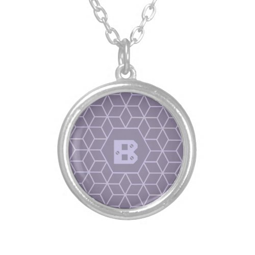 Modern Purple Geometric Cubes Pattern Monogram Silver Plated Necklace