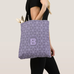 Modern Purple Geometric Cubes Pattern Monogram Tote Bag
