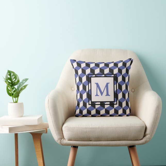 Modern Purple Geometric Pattern Monogram Throw Pillow (Chair)