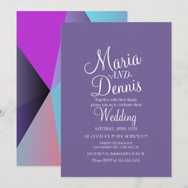 Modern Purple Geometrical Colorful Wedding Invitation (Front/Back)