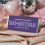 Modern Purple Girls Mitzvah Chocolate Hershey Bar Favors<br><div class="desc">Bold lilac block letters spell "Bat Mitzvah" with a heart accent against a rich purple background inspired by a traditional candy bar wrapper, paired with a personalized white name and date for this coming-of-age celebration favor. A glamorous choice for Bat Mitzvah reception favor tables, candy buffets, and thank you gift...</div>