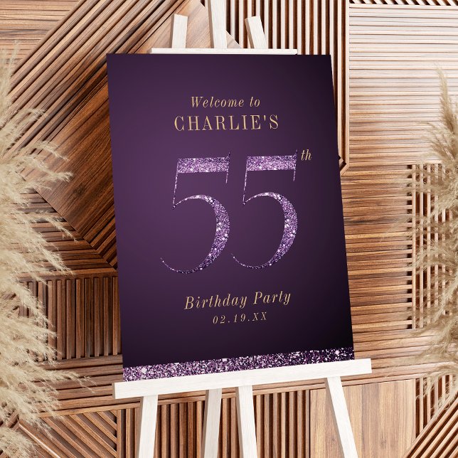 Modern purple glitter 55th birthday Welcome Sign (Modern purple glitter 55th birthday Welcome Sign)