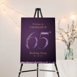 Modern purple glitter 65th birthday Welcome Sign