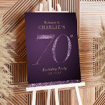 Modern purple glitter 70th birthday Welcome Sign<br><div class="desc">Modern minimalist 70th birthday party welcome sign features stylish faux purple glitter number 70 and your party details in gold classic serif font on deep purple background,  simple and elegant.</div>