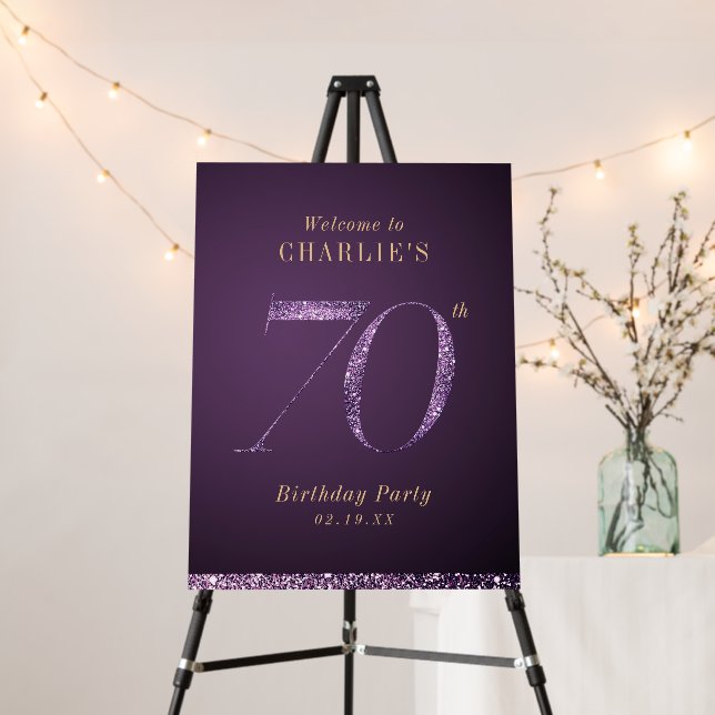 Modern purple glitter 70th birthday Welcome Sign (In Situ (Stand))