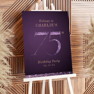 Modern purple glitter 75th birthday Welcome Sign