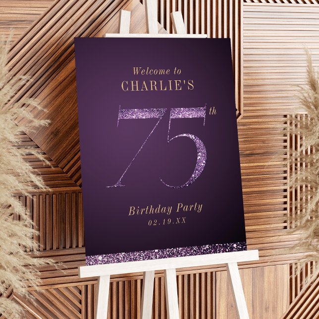 Modern purple glitter 75th birthday Welcome Sign (Modern purple glitter 75th birthday Welcome Sign)