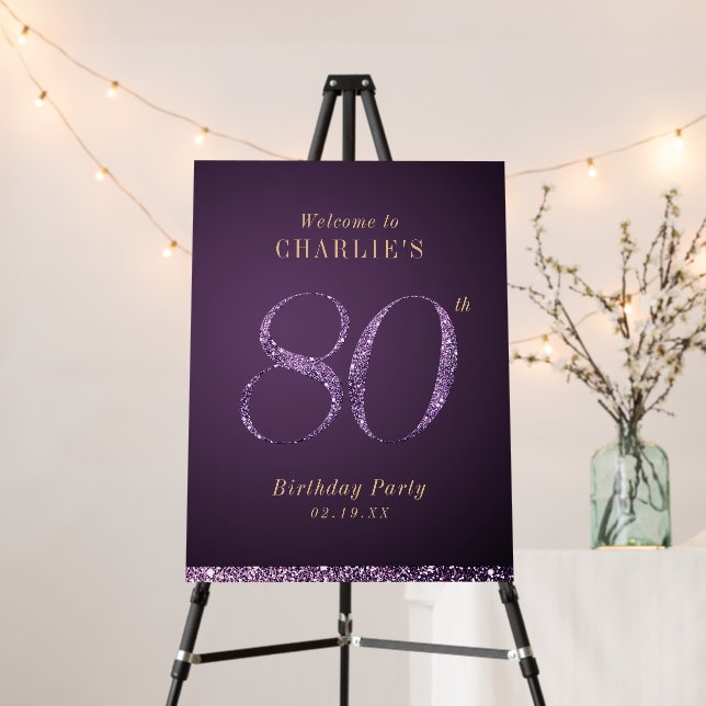 Modern purple glitter 80th birthday Welcome Sign (In Situ (Stand))
