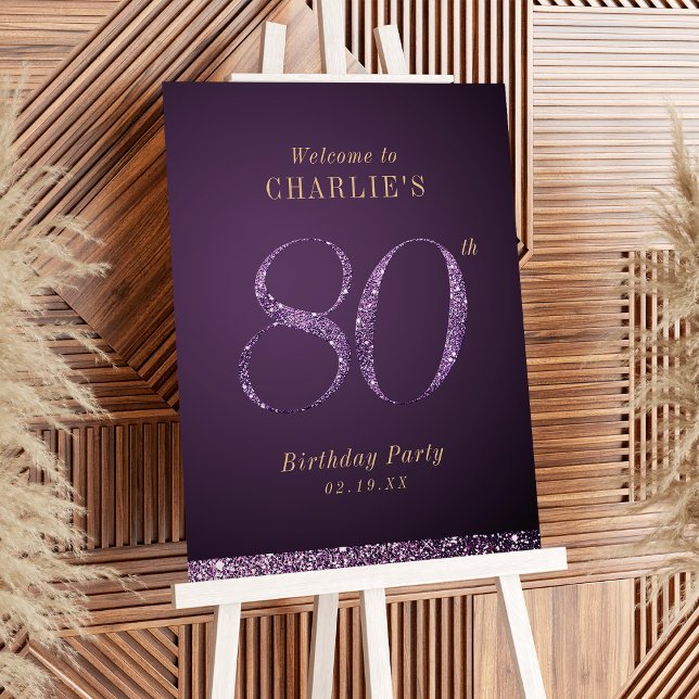 Modern purple glitter 80th birthday Welcome Sign (Modern purple glitter 80th birthday Welcome Sign)