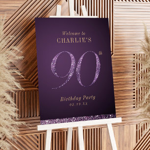 Modern purple glitter 90th birthday Welcome Sign