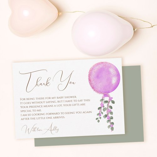 Modern purple glitter balloon baby shower thank you card