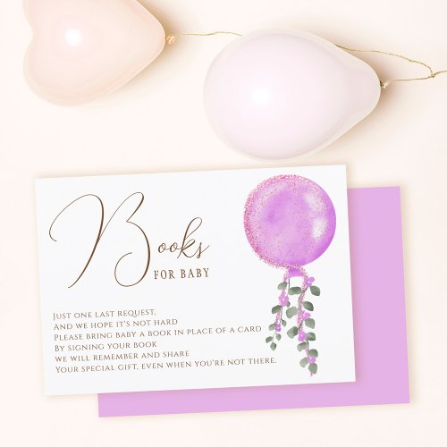 Modern purple glitter balloon bring a book enclosure card