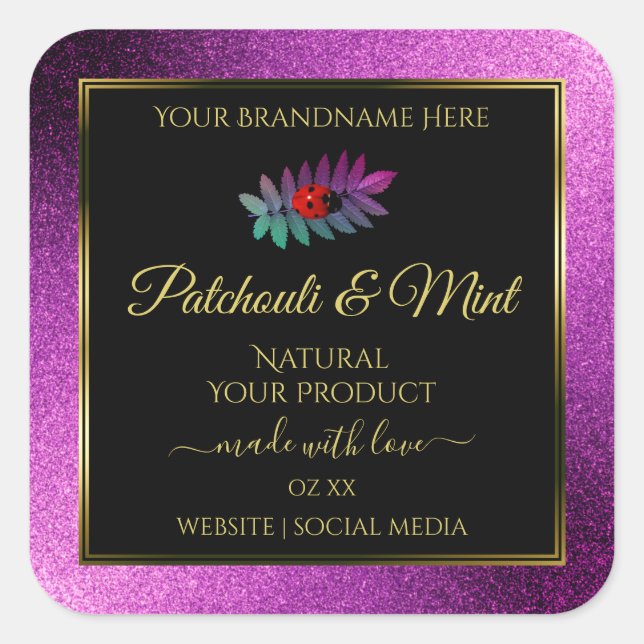 Modern Purple Glitter Black Product Labels Ladybug (Front)