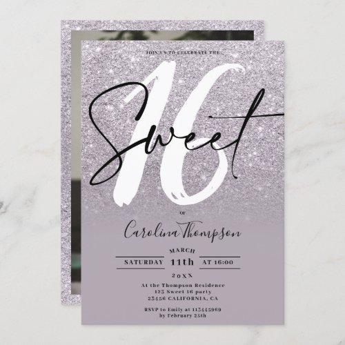 Modern purple glitter border script photo Sweet 16 Invitation