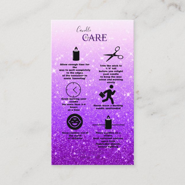 Modern  Purple Glitter Candle Care Business Card (Front)