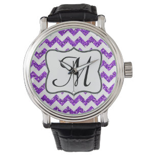 Modern Purple Glitter Chevron Zig Zag Stripe Watch