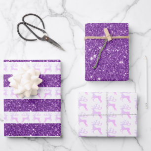 Modern Purple Glitter Christmas Reindeer Wrapping Paper Sheets