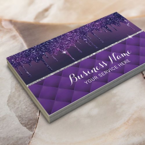 Modern Purple Glitter Drips Luxury Beauty Salon Business Card
